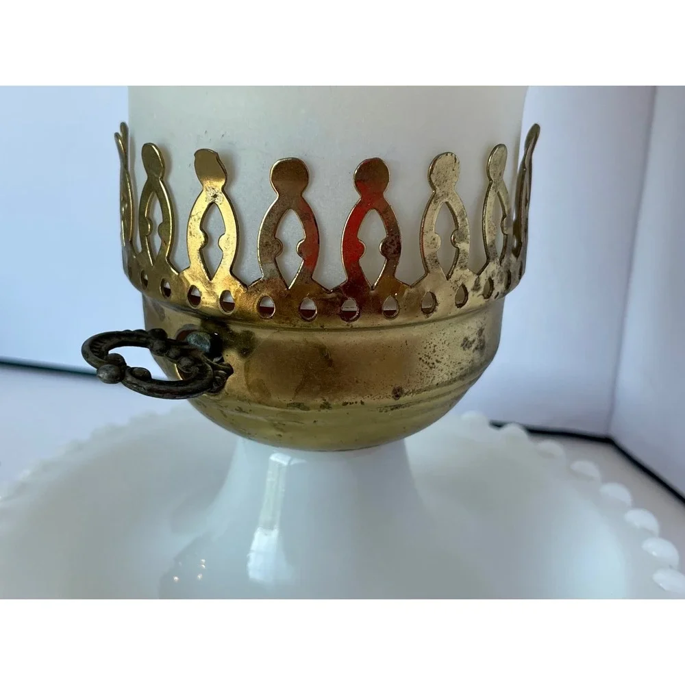 Vintage Hobnail Milk Glass Hurricane Lamp Frosted Chimney Brass Crown Gallery